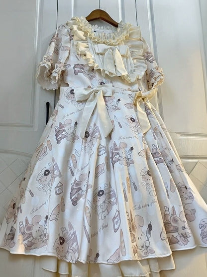 Light Yellow Bow Print Plus-Size OP Dress with Bear Motif - Versatile girl