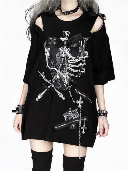 Convertible Zip-Shoulder Hardwarein Rib BlackWhite/BlackBlue Printwith T-shirt:Strawberryand Decorative