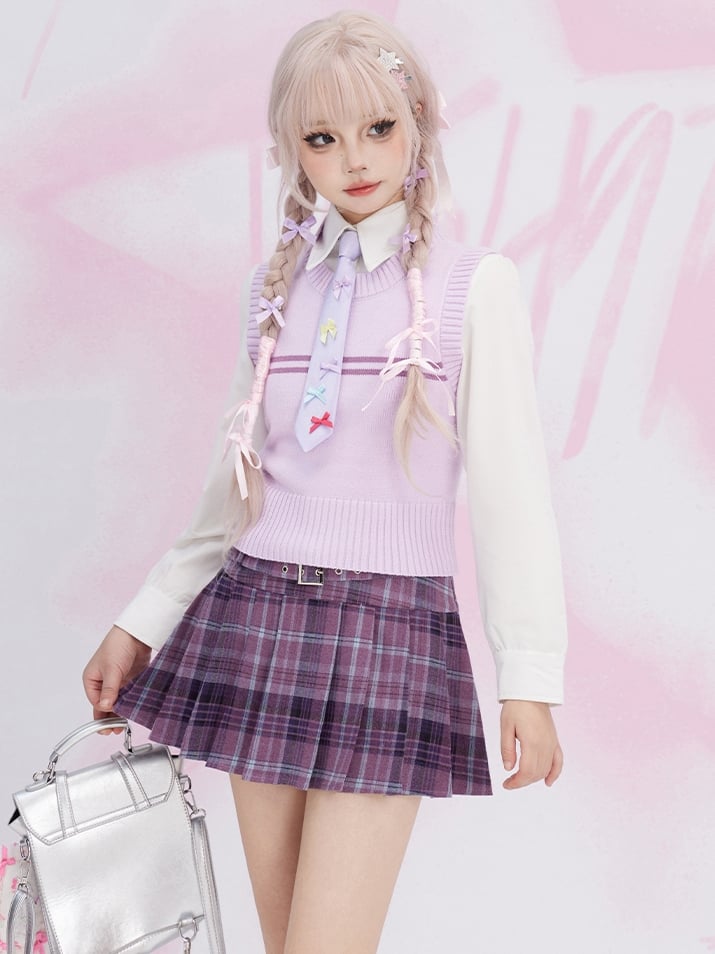 パープルのプレッピースタイルのラウンドネックベスト