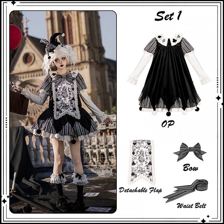 Lolita Panel OP Juliette + Belt Clowncore Stripes Bow Waist Dress Black - Sleeves KC Printed Detachable Set