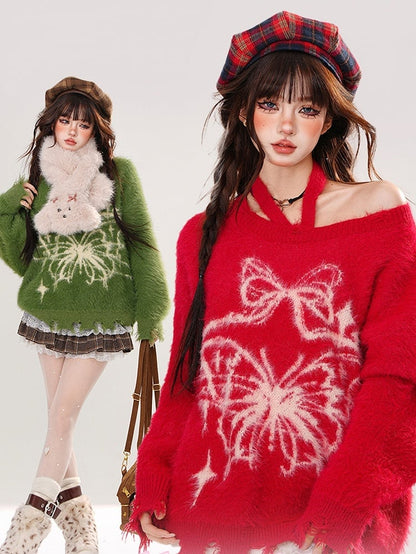 Rot/Grüne Schleife und Schmetterling Neckholder Mohair Weicher Pullover Distressed Trim