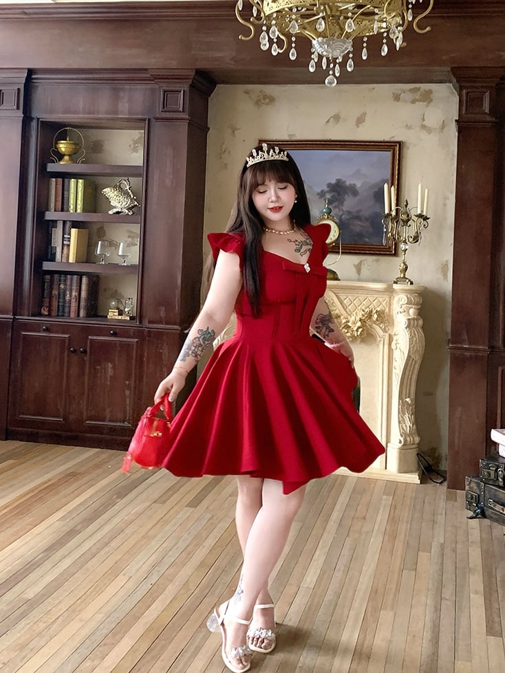 Plus Size V-Ausschnitt Kleid Flatterärmel Große Schleife Vorne Rot