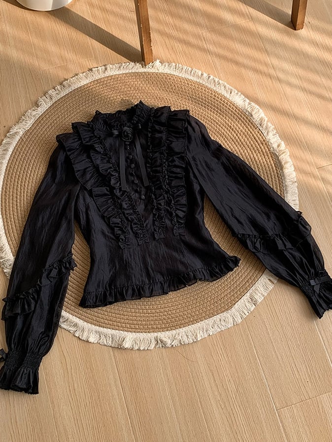 Black Lolita Balloon Sleeves Blouse with Rose Brooch - With PUJI