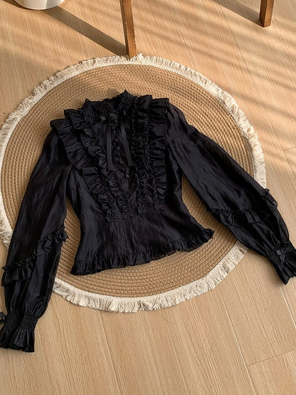 Black Lolita Balloon Sleeves Blouse with Rose Brooch - With PUJI