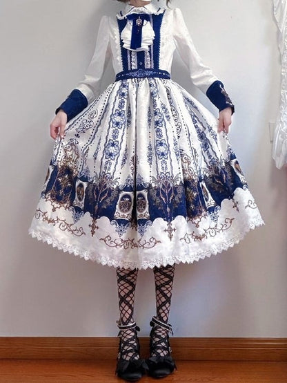 Candelabras with Long Print Dress Lolita White Blue Bat Dark Wings Sleeves Gothic