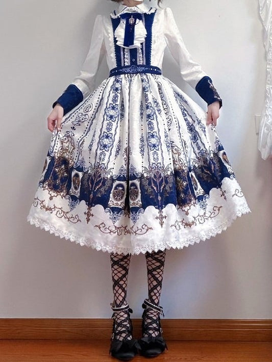 Candelabras with Long Print Dress Lolita White Blue Bat Dark Wings Sleeves Gothic