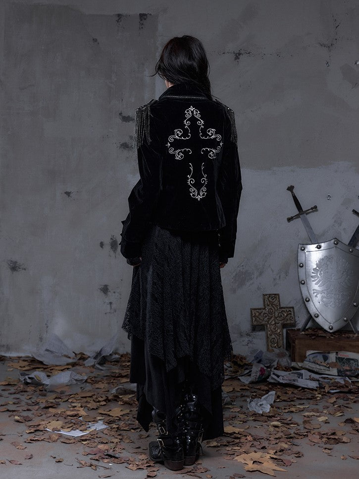 Lapel Multi-Row Embroidered Blazer Back Black with Cross Punk Fringe Epaulettes Shoulder Buttons Detachable