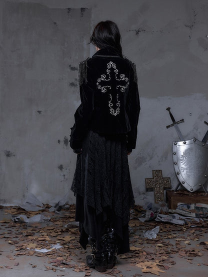 Lapel Multi-Row Embroidered Blazer Back Black with Cross Punk Fringe Epaulettes Shoulder Buttons Detachable