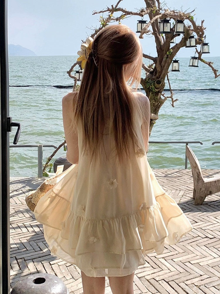 Milk Yellow Halter Dress with Floral Accents - Qchiwawameme
