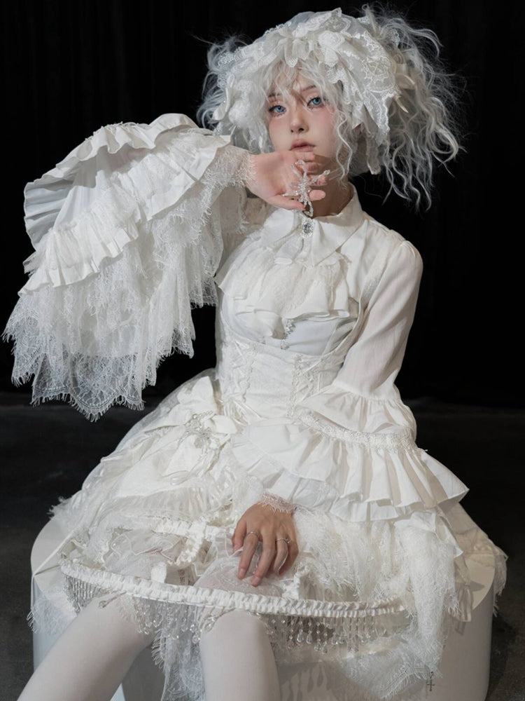 ホワイトレイヤードベルスリーブゴシックロリータシャツクロスチャーム尖った襟