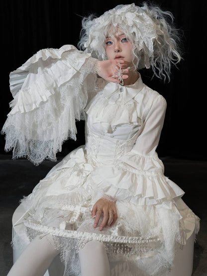 ホワイトレイヤードベルスリーブゴシックロリータシャツクロスチャーム尖った襟