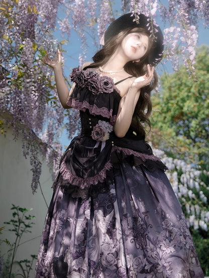 + with Lace Top Ruffled Classic Set Lolita Print Elegant Black Purple Floral Trim Skirt
