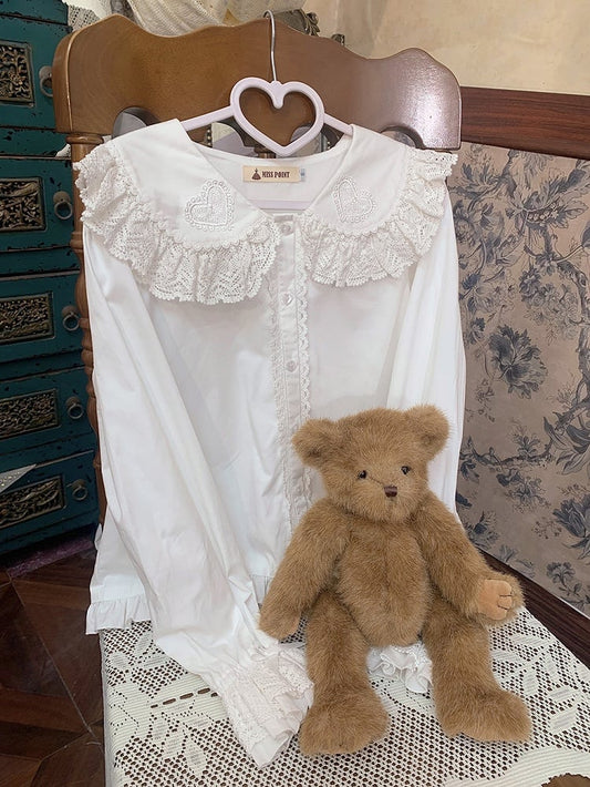 Sleeves with Lace Bunny Ears Blouse White Ruffled Long