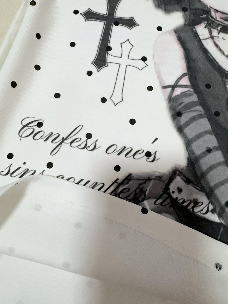 Polka T-Shirt Cartoon / with Print and Gray Cross White Dots