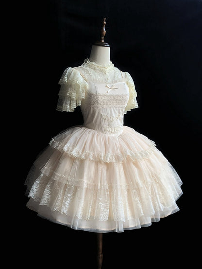 Shoulder Dress Short Version Thin JSK Lolita Princess Tiered Skirt Beige Straps