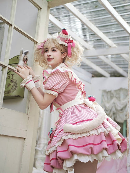 Strawberry Theme Sweet Lolita OP with Apron, Sakura Pink Striped Pattern - Sakurahime