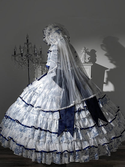 Blue and White Elegant Porcelain-Style Hanayome Multi-layered Skirt Boned Lolita Hime Dress with Bow and Lace Details - Sleepless Star