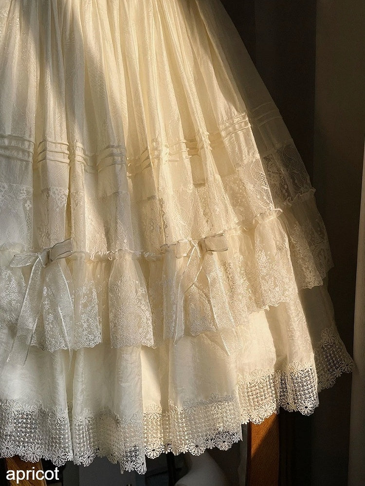 3-Color Lace Tiered Underskirt with Bow - Tan Tuan
