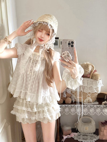 Blouse With Embroidered Trim White Dollcore Floral Bow Ruffle