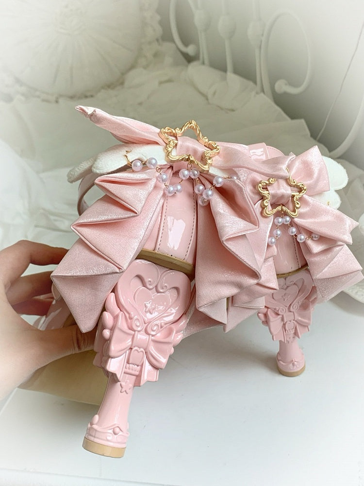 Pink Sweet Lolita High Heels 11cm with Heart Bowknot and Star Buckle Accents - Raccoon toast
