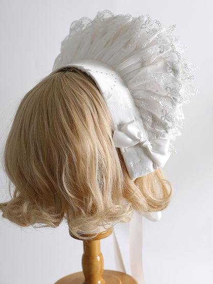 Elegant Lolita Trimmed - Bonnet White Bowknot Floral Lace