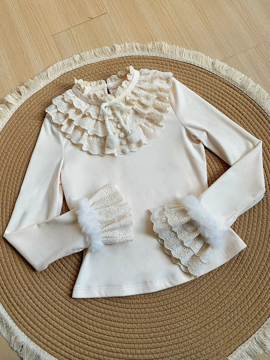 and Ruffles with for Autumn/Winter Top Layered Warm Lolita Fur-Accent Beige Soft