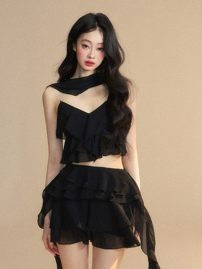 Tiered Skirt Asymmetrical Ruffled Hem Slim-fitting Mini Black Chiffon