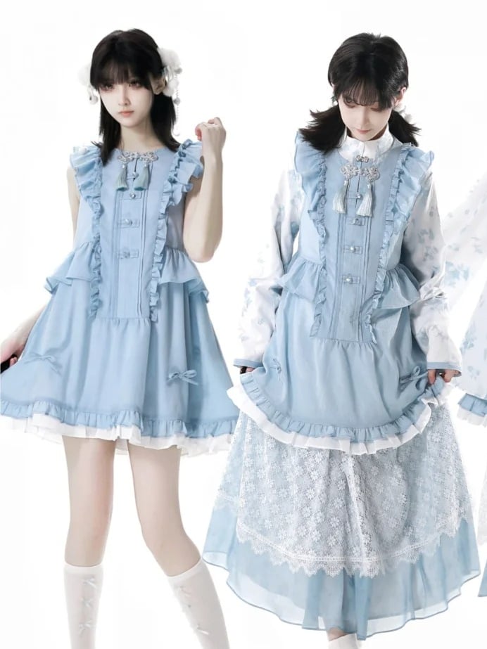 Rococo Back Buttons Style Blue Flutter Sleeves Big Sleeveless Dress Knot Cheongsam Details Tassel Bow