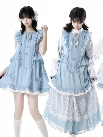 Rococo Back Buttons Style Blue Flutter Sleeves Big Sleeveless Dress Knot Cheongsam Details Tassel Bow