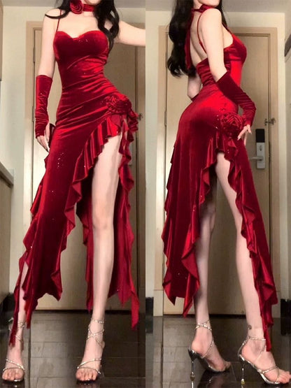 Crimson Velvet Enchantment Gown - Asymmetric Slit Evening Dress