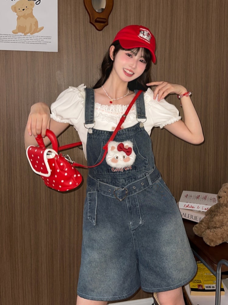 襟付きぬいぐるみキティパフスリーブTシャツホワイトフリルレース