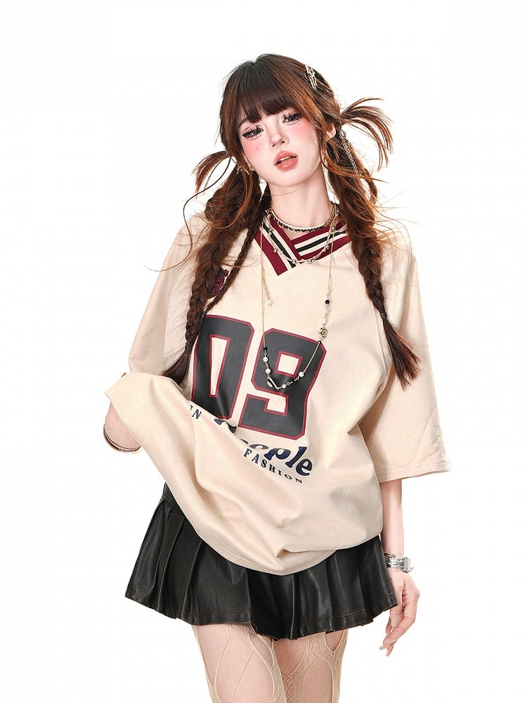 ゆったりTシャツ プリント スポーツ カーキ/ネイビーブルー プレッピースタイル Vネック ナンバー