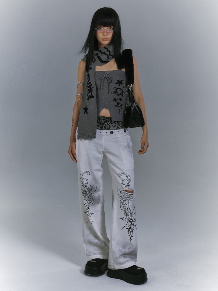 White Leopard Punk Jeans Print with Waistband Vintage Distressed Botanical