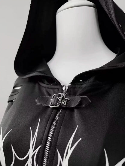 Distressed Black Thorn Graphic Jirai-Kei Hooded Jacket with Stud Accents - Puppet Bombs
