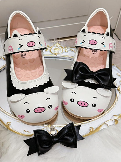 Interchangeable Black Lolita Mary with Detail Flat Scalloped Pig Sweet Bow Print Janes -