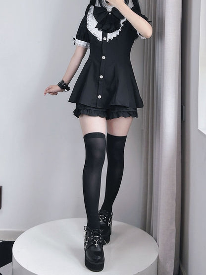 Short Big Jirai Kei Black Detachable Set Sleeves Mini and Jabot Collar Bow Dress+Shorts