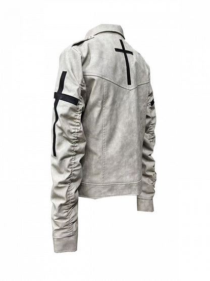 Genderless Punk Milk White Double-Breasted Decorative Faux Leather Jacket with Cross Pattern - DETW OnLine