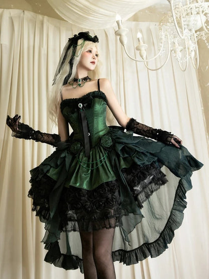 Black Lolita Bouquet Boned with Rose Dress Strapless Hem Green Gothic