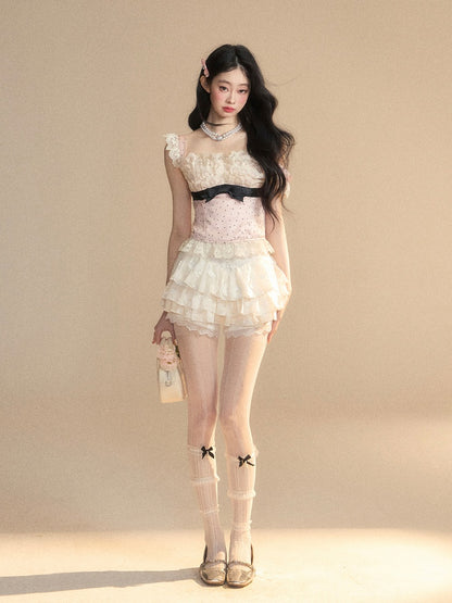 Glamorous Rosa Polka-Dot Muster Ärmelloses Top Rüschen Spitze Trim Detail Schleife