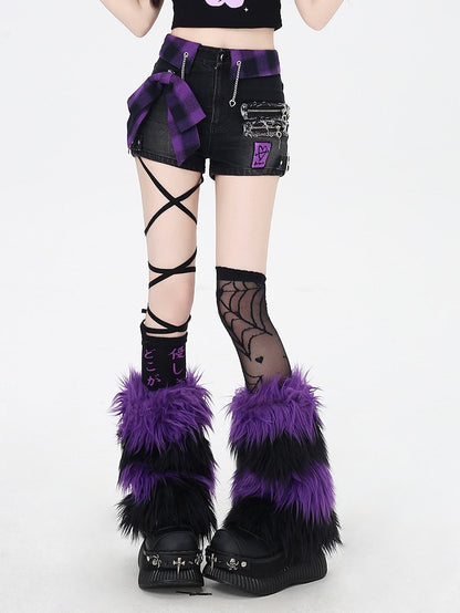 パープルチェック柄の蝶結びブラックのグラマラスデニムショートパンツ