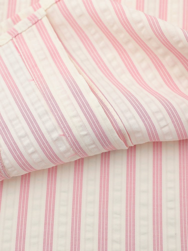 Kawaii Pink Striped Short Sleeve Shirt with Puppy Embroidery - Languid Park