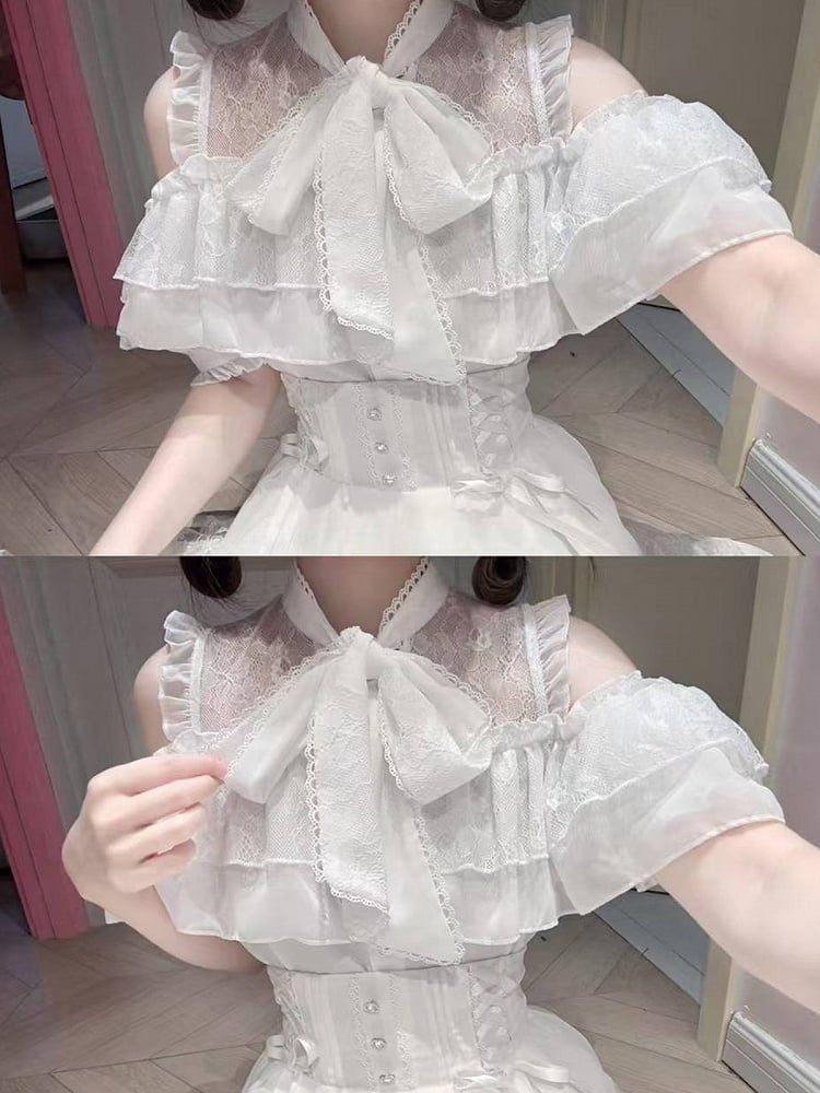 Landmine White Lace Cutout Short Sleeve Blouse with Bow Detail - YoshiKi