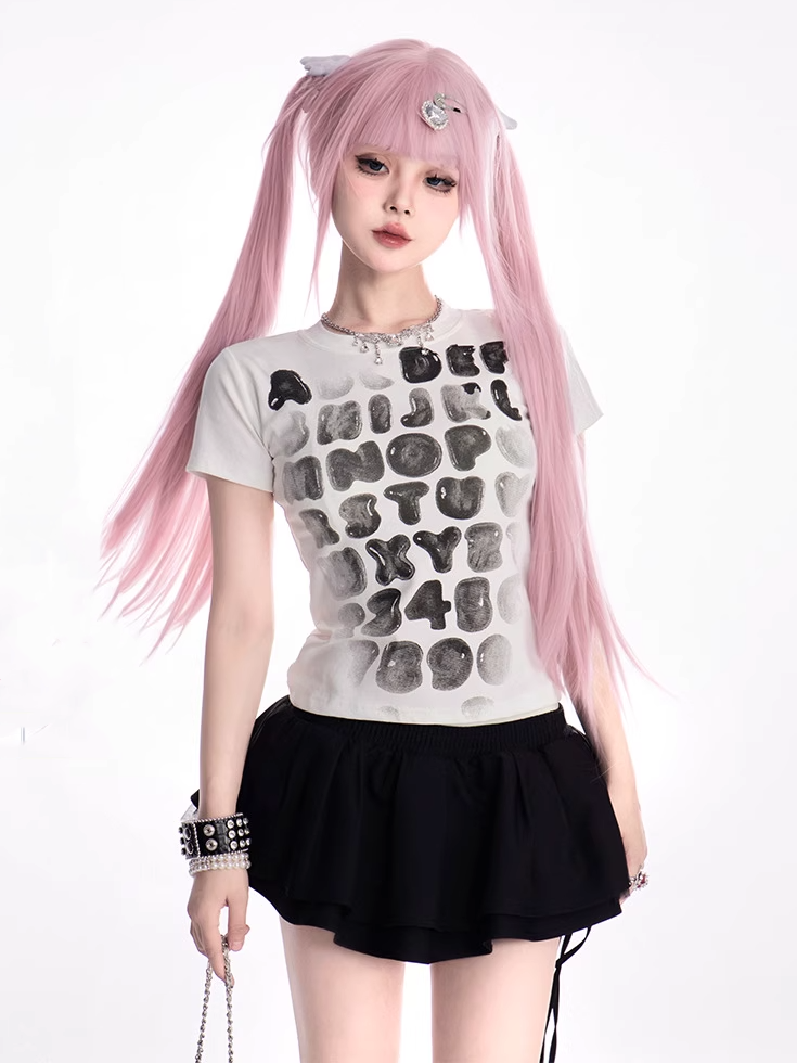 Tシャツ ホワイト ラウンドネック グラデーション レタープリント スリムフィット