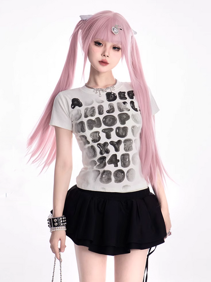 Tシャツ ホワイト ラウンドネック グラデーション レタープリント スリムフィット