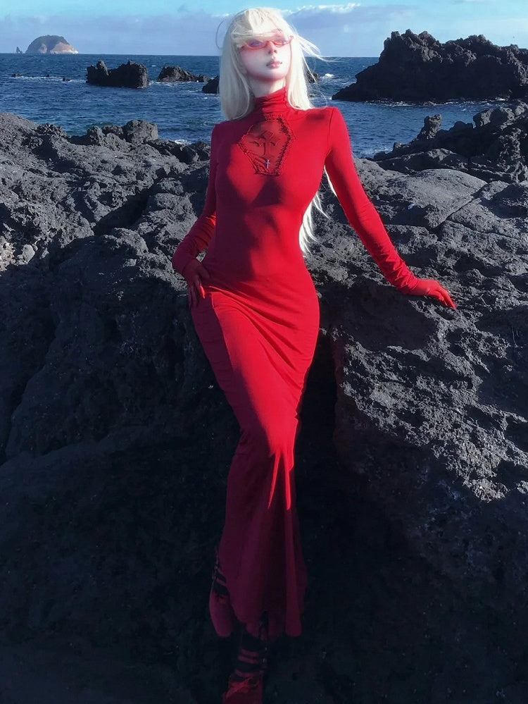 ゴシックレッドコフィンカットアウトクロスディテールハイネックマーメイドスカートマキシドレス