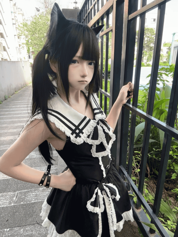 Black - Dollcore Open Dress Back Sailor White Trim Collar Lace Sleeveless Tiered Alternative
