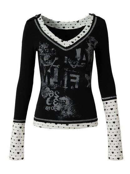 Rock Black Print Details V-neck - Top Punk Shoulder Button Sleeve Long Number