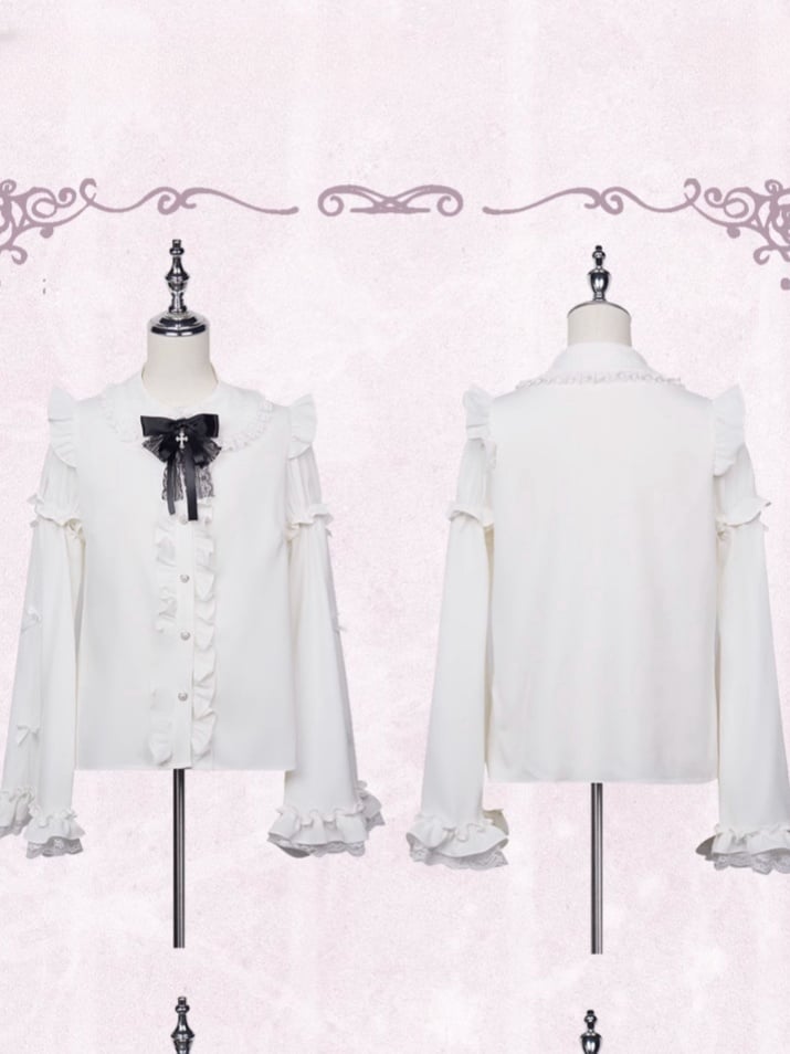 Jirai Kei Peter Collar Bowknot Sleeves Ruffled Lace Gothic Lolita Pan Trim White Blouse with Detachable Bell