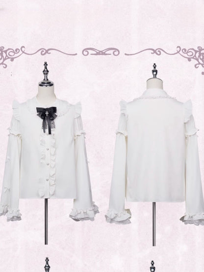 Jirai Kei Peter Collar Bowknot Sleeves Ruffled Lace Gothic Lolita Pan Trim White Blouse with Detachable Bell