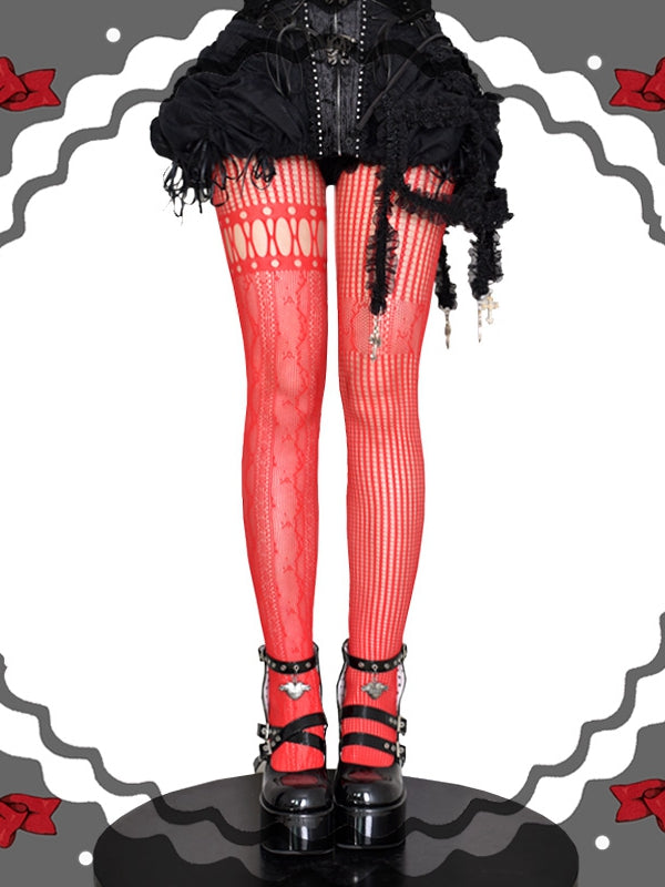 Red / Purple / Black / White Asymmetrical Cutout Fishnet Tights